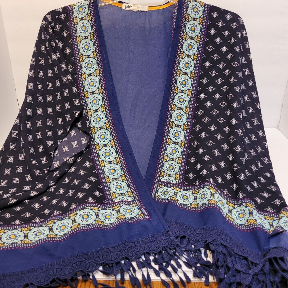 Jolt Kimono‎ Cardigan Womens S Navy Blue Excellent Boho Fringe Sheer JW3062U38